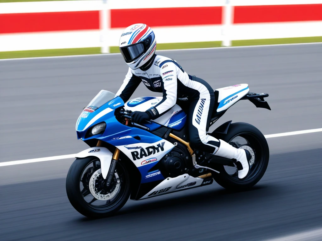 A male full-body image of a motorbiker clad in a sleek Dainese racing suit, designed for high-speed performance, featuring aerodynamic lines and vibrant colors. The suit includes racing gloves, a helmet, and sturdy racing boots, specifically designed for protection and grip. The biker stands confidently beside a high-performance motorcycle on a racetrack under bright, dynamic lighting, ready for action. The composition highlights the suit's intricate details, including sponsor logos, safety harnesses, and ergonomic padding. The background showcases a modern racing environment with vibrant flags and cheering spectators, emphasizing the adrenaline-pumping atmosphere of the race. The pose captures the biker's readiness and focus, with a bold, action-oriented framing