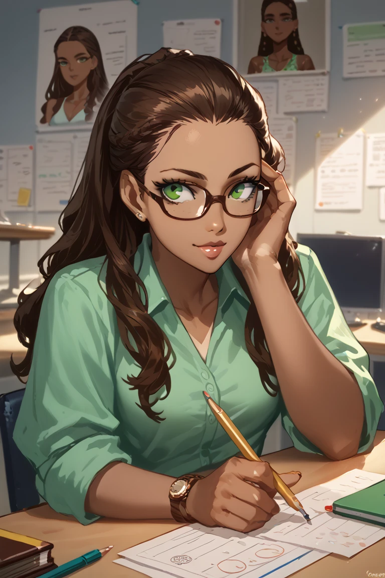 1 woman, airhead but very intelligent, mixed race Latina, olive green eyes,tan skin ,dark complexion, straightened and tied long dark brown hair,nerd, glasses, sketch style , smart ,nerd,sitting behind a desk