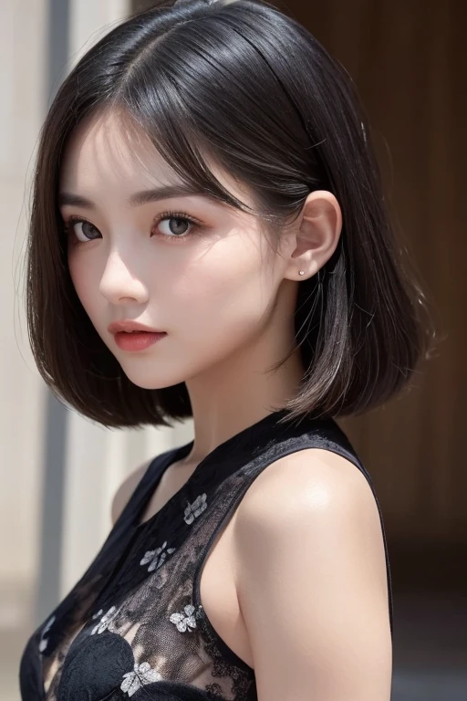 (Best quality,8k,high resolution,masterpiece:1.2),Digital Artwork, A girl,Delicate face,Delicate eyes,Dark brown hair,Straight Hair,Shining amber eyes,Red lips,Suspenders ,particle,dust,Slightly blush,shy,in love,looking at affectionately,(HD skin),Cleavage,Shallow depth of field,Warm colors,Two-color light