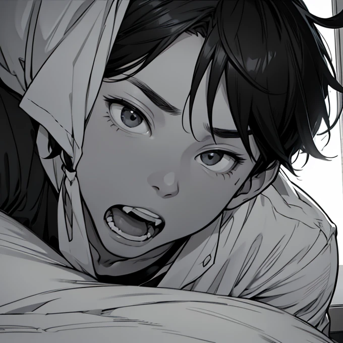  Black and White、  line art 、Close up of a boy screaming in surprise when he gets inside a futon