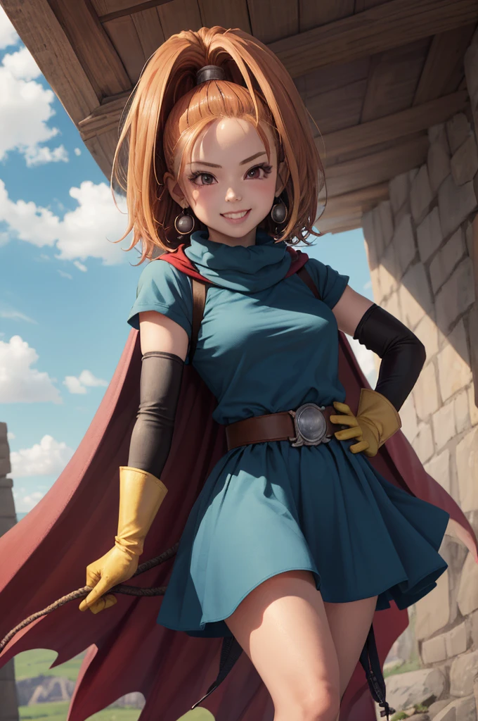 Fight with Barbara,alone,white_panties,(Shoot from below),(Wind from below),dq6barbara High ponytail dress Cape Yellow gloves Belt Jewelry Earrings