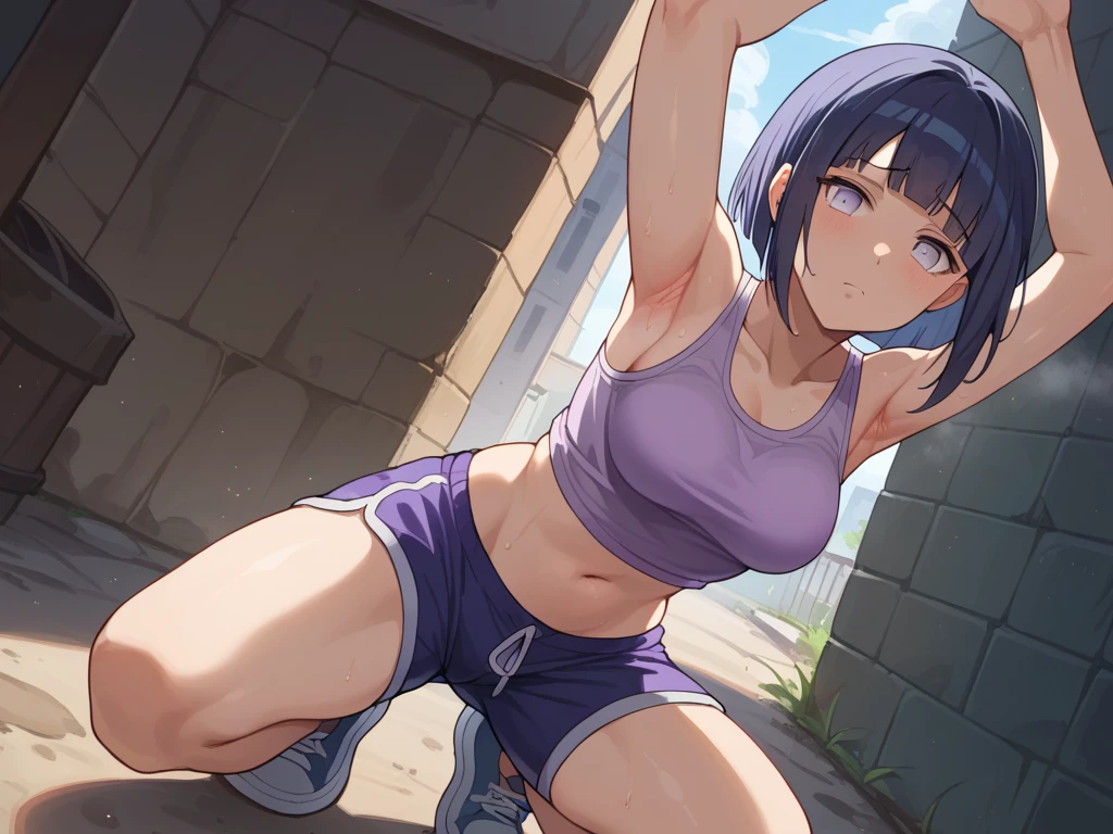 nsfw, 1girl, hinata hyuuga, dark blue hair, short hair, white eyes,
Purple hoddie, navel, medium  breasts, kakhi shorts,In a dirty alley  ,Armpit,Armpit wrinkles,Armpit smell,Armpit juice,arms up,stretch, is seducing,(beautiful body),Squat down, 