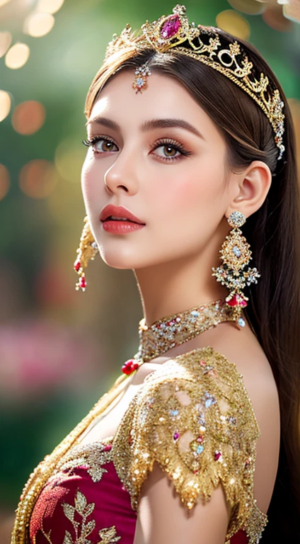 ((photorealism 16K realism)), ((Hyper-realistic proportional body, anatomically correct:1.3)), ((ultra-fine digital art)), (intricately detailed beautiful face), (light pale complexion), BREAK, ((small round head)), (high detailed Super beautiful slim and sharp-face), (best highest detailed realistic black_eyes:1.28), ((super realistic sharp-eyes:1.2)), (tired and sleepy and satisfied:0.0), close up of a woman's eyes, perfect round eyes, finely detailed pupils,BREAK,detailed lips:1.3,pink_makeup:1.22, (long_blue_eyeliner:1.18), red_lipstick:1.21 ,((perfect dark_eyeshadows:1.3)), (super detailed professional makeup on eyes:1.3), (Detailed nose:1.2), (best high quality real texture skin:1.3),(Brown layered wavy hair),Heavy makeup、(18 year old,one females):1.2、8K, Seductive smile, tall:1.4、a small face、Nikon Z 85mm, ((Best Quality)) ,((masterpiece)), intricate detailes, Professional, Realistic, Photorealistic、((Sexy mini skirt)):1.2、 (lilac floral pattern), printed on skirt: 1.25、(Walking in the park):1.2, large earring、front view, (shot from above: 1.27), (show (firm and full breasts:1.25) from above)、look up at the viewer, ((big star shines) jewelry),
