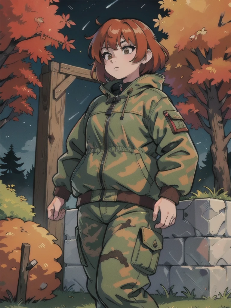 anime girl with short red hair, wearing a camouflage jacket, camouflage balaclava, camouflage pants, and army boots, forest, autumn, night