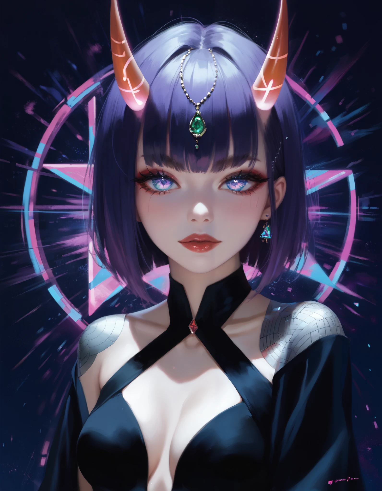 score_9,score_8_up,score_7_up, rating_safe, glitch, d1splaygl1tchl1nes, a glowing (triangle:1.1), 1girl, shuten douji \(fate\), cyborg, breasts, contrapposto, shiny, glamour, makeup, glossy, glowing eyes, anamorphic, head tilt, science fiction, head tilt, geometric, cyberpunk style (black background:0.8), particles, dust, lines, [:horns:0.4],violet hair,bangs,hair between eyes