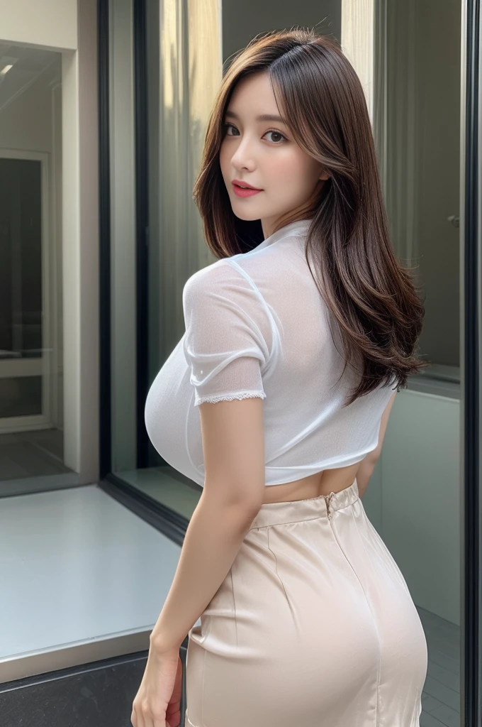 8K, masutepiece, Raw photo, Best Quality, Photorealistic, Highly detailed CG Unity 8K wallpaper, depth of fields, Cinematic Light, Lens Flare, Ray tracing, (Extremely beautiful face, Beautiful lips, Beautiful eyes), intricate detail face, ((Ultra detailed skin)) 1girl in, In the Dark, deepshadow, cute asian girl, Idol, 1 girl, (Very slim and slender fit muscular body:1.3), ((Looking at Viewer)),(Big smile:1.3), ((Blouse with lace)), (Short sleeve) , (Large buildings in the daytime, tree, (Blurred background) Cityscape, teto, Beautiful earrings, Clear eyes, (pale skin), (Big eyes), Face forward, (Brown hairs),((plaid skirts)), (Looking at Viewer:1.3), opened breast, (Very slim), medium breasts, ((high-heels)), Stockings Rear view
