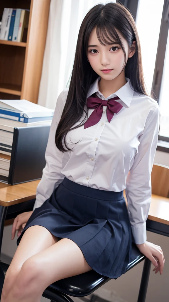 Best Quality、High resolution、A beautiful high school girl spreads her legs to show off her pussy、Long Black Hair、Firm breasts、Student Uniform,Blue collared long sleeve shirt、mini skirt、Great style、nsfw, sitting on desk, legs wide open:1.5, Pussy:1.5, Detailed Pussy:2.0、The shirt and skirt don&#39;t go together、The correct structure of the human body