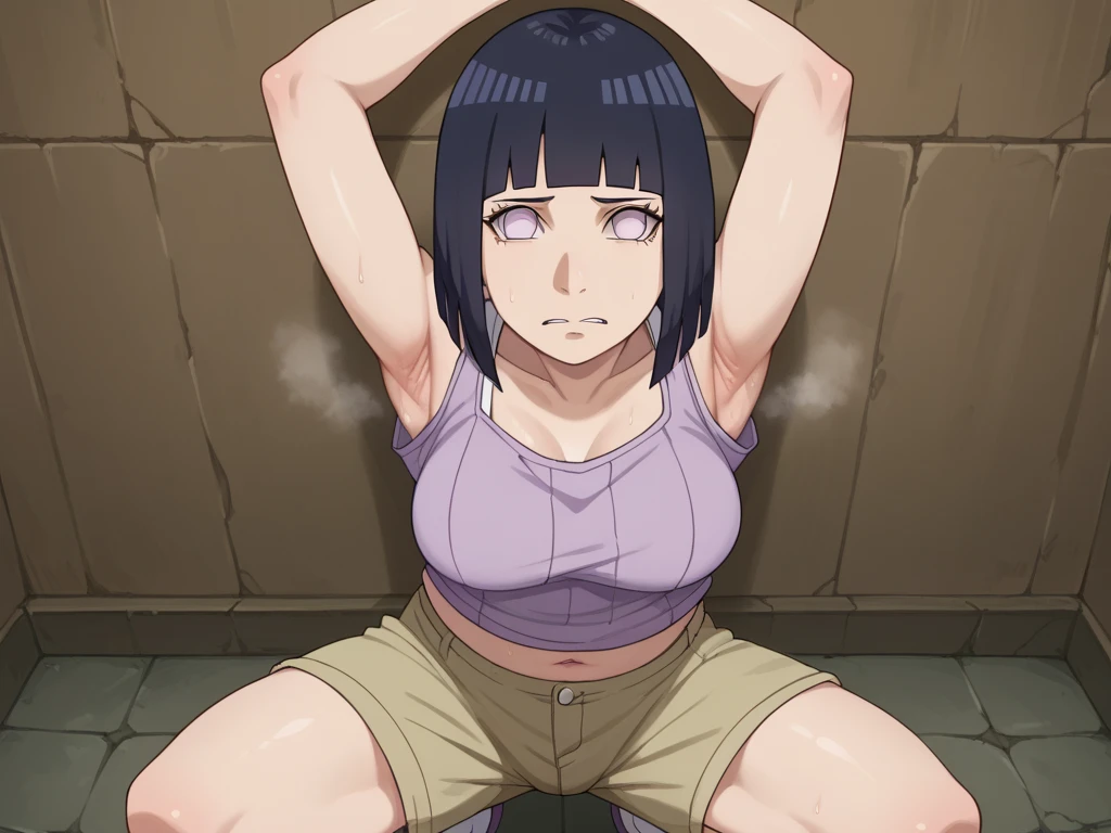 nsfw, 1girl, hinata hyuuga, dark blue hair, short hair, white eyes,
Purple hoddie, navel, medium  breasts, kakhi shorts,In a dirty alley  ,Armpit,Armpit wrinkles,Armpit smell,Armpit juice,arms up,stretch, is seducing,(beautiful body),Squat down, 