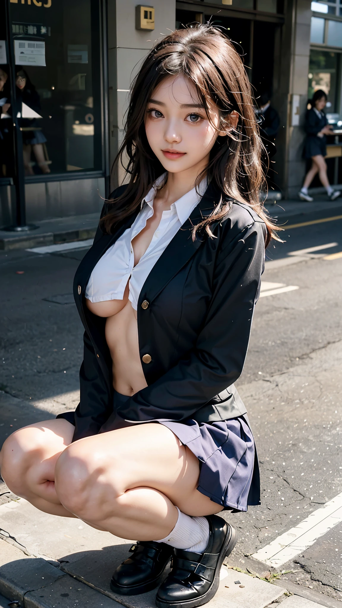 (A hyper-realistic)、(hight resolution)、(8K)、(ighly detailed)、(beautifully detailed eyes)、(top-quality)、(ultra-detailliert)、(​masterpiece)、(A detailed face)、Beautiful sexy woman standing on the street, long dark brown hair,(( no clothes nude  , white sport shoes, black sport gloves, knee protector, tie collar))、Very gigantic-breasts:1.8、You can clearly see the shape of the chest、belly is visible, nude   、long legged