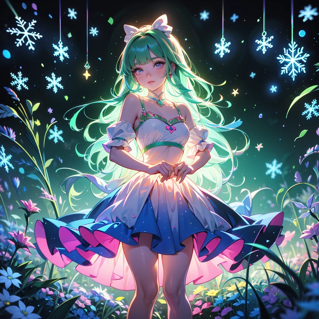  1 girl,Chibi、 fantasy、 cute世界、Trump、 Alice in Wonderland、clock、  best details、 cute、  neon color gradient hair color、   Snowflake  、 fantasy、  absurd、 neon lights enhance the  cuteness、世界一 cute絵、  Christmas light 、  fantasy、 Alice in Wonderland、