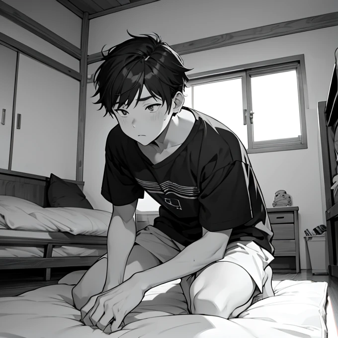  Black and White、  line art 、Boy getting up from his futon in surprise