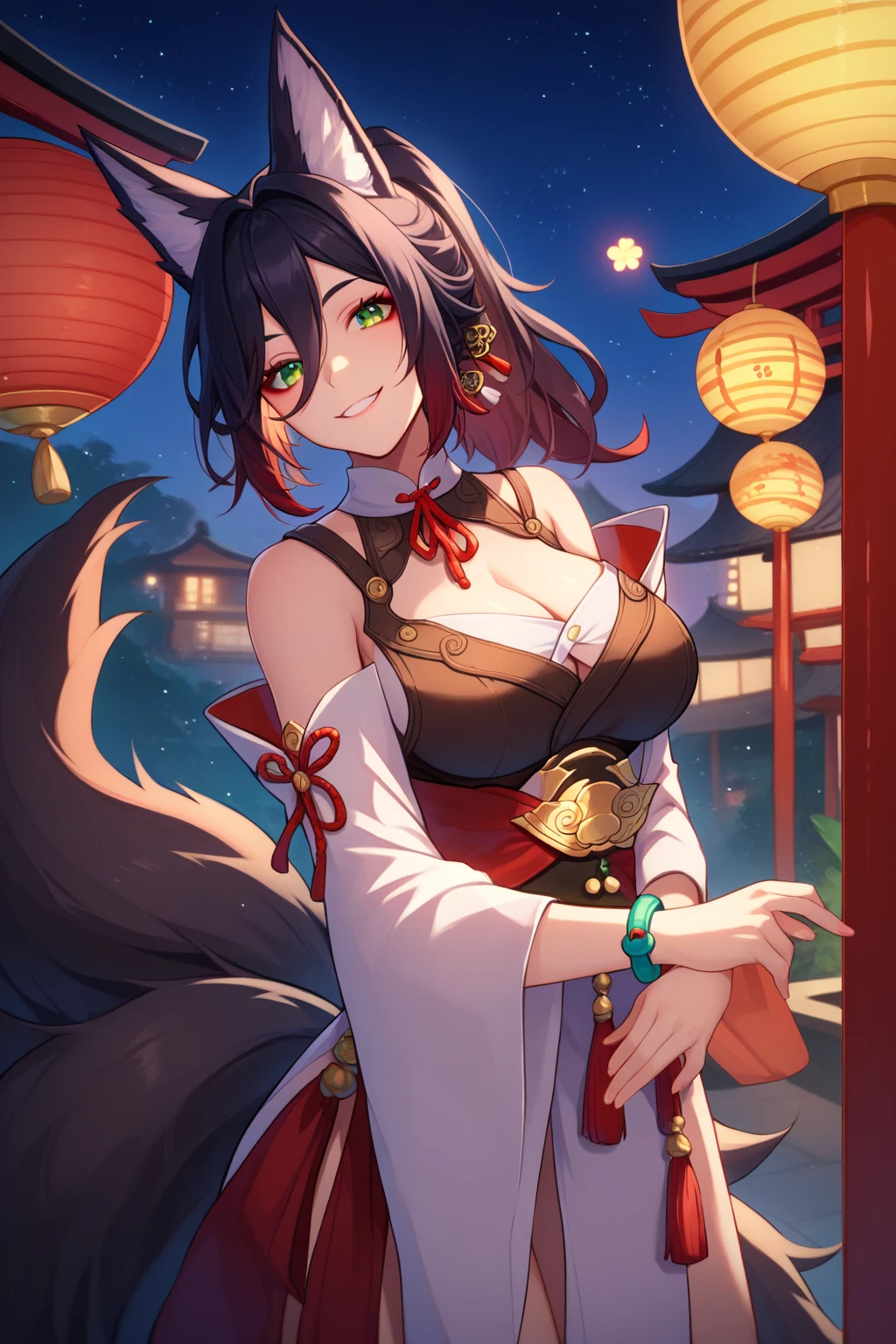 , looking at viewer, smile, tingyun, black hair, fox girl, fox tail,, multiple tails, fox, fox ears, green eyes, kitsune, large breasts, animal ears, ponytail,, bracelet t,, cleavage, outdoors, night, starry sky, ((night japanese festival)), other, muscular 