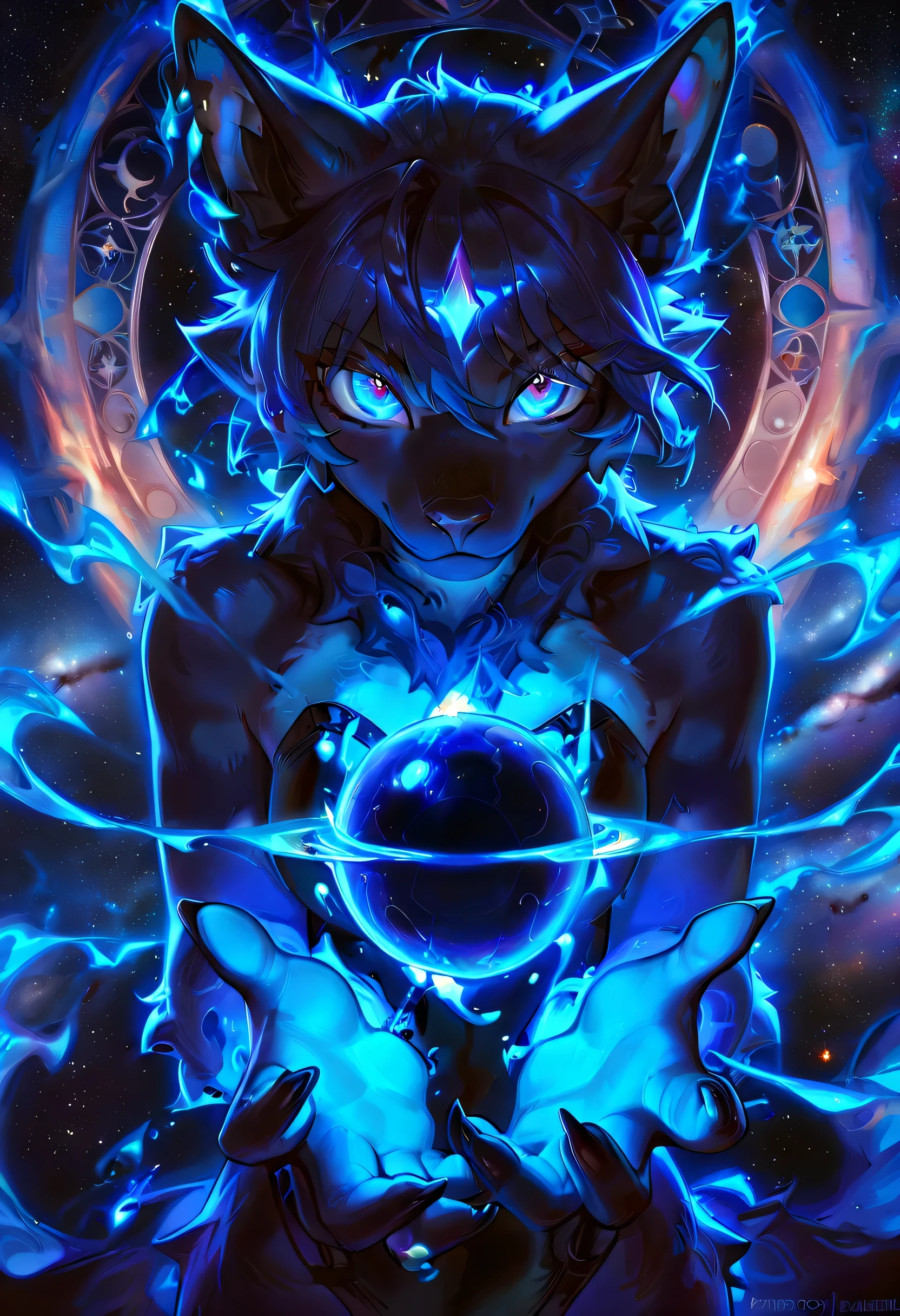 Cute, female, anthro, vixen, stardust fur, long fur, dtaieled fur texture, 5 fingers, claws fluffy, perfect eyes, detailed blue eyes, holds tight a sphere=blue_sun, blue flames floats like art nouveau:1.2, more flames, blue waves flows, sun's blue, 4k, deep space background, stardust background, galaxy, perfect anthro hands with claws, 5 fingers, {black|golden}claws, fades light, blur light, vivid colors, realism, masterpiece, breathtaking,  professional illustration, sticker, by pixelsketcher:0.6, by hioshiru:0.4, 