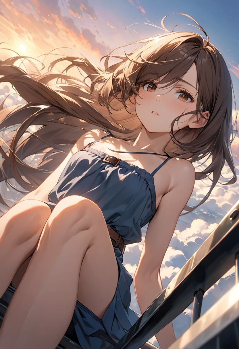 Affordable design, Clear lines, High Sharpness, (Highest quality,8K,Perfect sharpness,Ultra-fine,High resolution,masterpiece:1.2), Perfect Anatomy:1.5, Official Art, Illustrations that tell a story, (Whitish background:0. 9)、Body Positivity、Diverse physical expressions、(Random and strange poses))、Perfect beauty、Perfect beautiful face、(非常にStrong winds)、Rich expressiveness、Dynamic configuration、Golden ratio composition、colorful、((color々Different angles and perspectives))、Anime Drawings、((Overcoming stereotypes))、 Glowing Skin、(natureの美)、bangs、Straight Long Hair、(Soft and flowing hair)、(countryside)、((Nostalgic atmosphere))、((Playful and easygoing))、(diverse characters)、((Graceful posture))、(Sunny atmosphere)、(vivid color)、Shorts、Brown Hair、A light smile、 ((Emotional))、bangs、natureな反応、Summer clothing、(Braided hair)、Show off your thighs、Strong winds、hilarious pose、(countryside道)、Outdoor、nature、(Angle from below)、