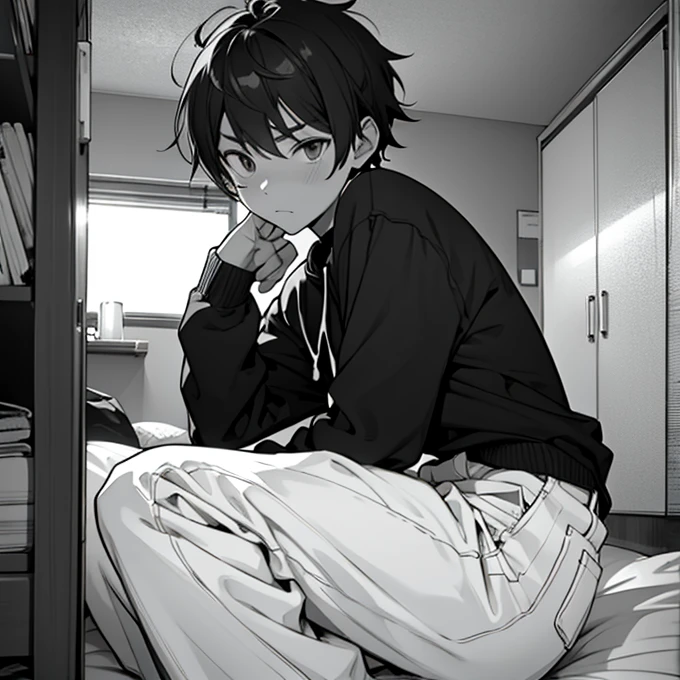  Black and White、  line art 、A boy who is surprised and comes out of his futon