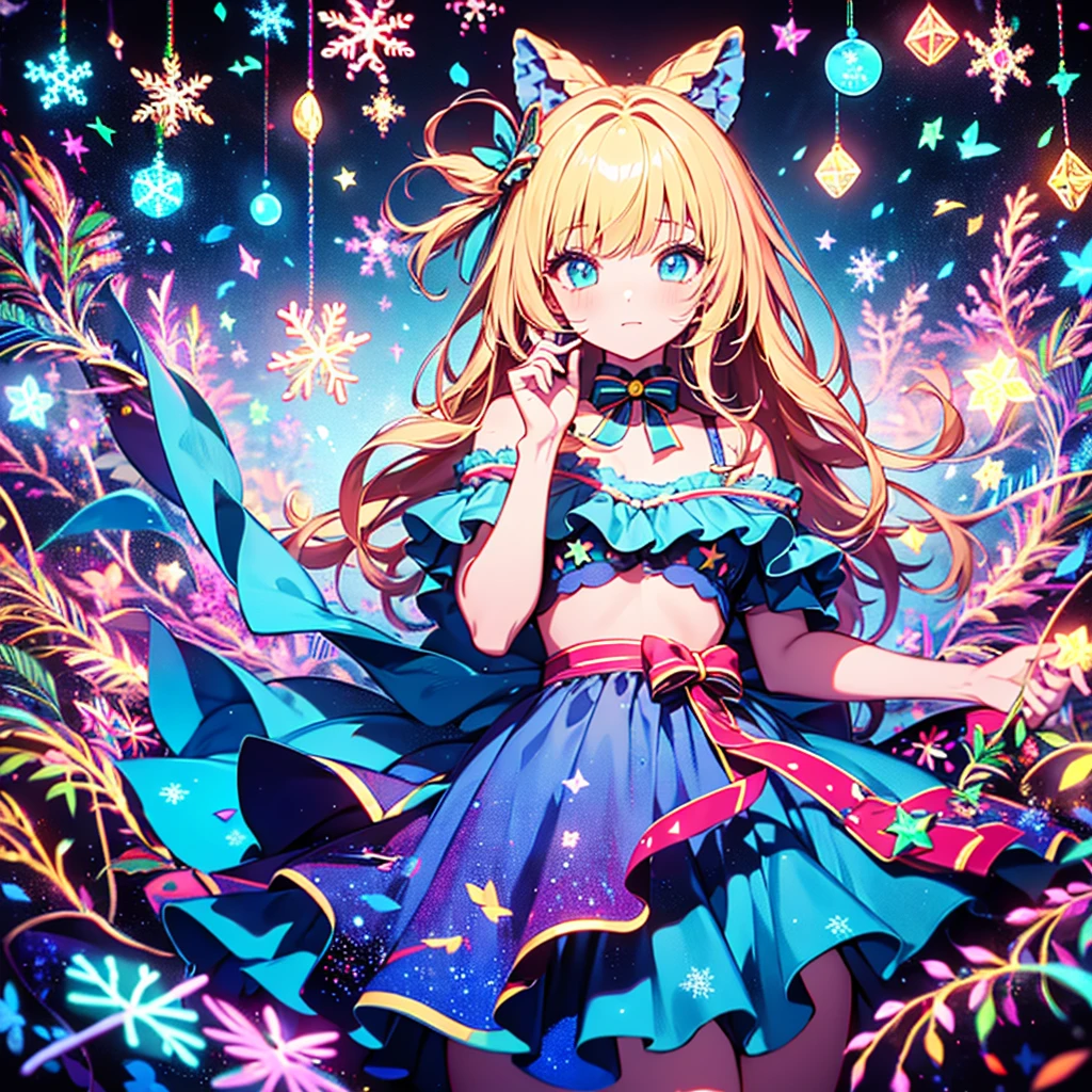  1 girl,Chibi、 fantasy、 cute世界、Trump、 Alice in Wonderland、clock、  best details、 cute、  neon color gradient hair color、   Snowflake  、 fantasy、  absurd、 neon lights enhance the  cuteness、世界一 cute絵、  Christmas light 、  fantasy、 Alice in Wonderland、