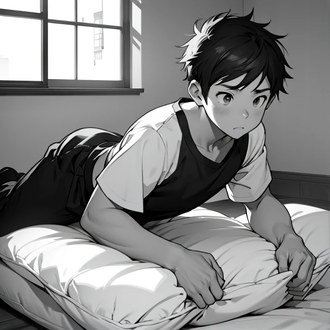  Black and White、  line art 、A boy who is surprised and comes out of his futon