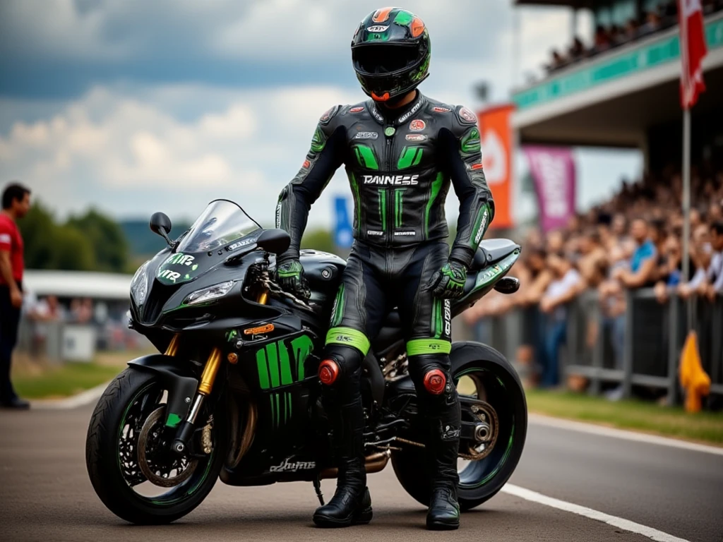 A male full-body image of a motorbiker clad in a sleek Dainese racing suit, designed for high-speed performance, featuring aerodynamic lines and vibrant colors. The suit includes racing gloves, a helmet, and sturdy racing boots, specifically designed for protection and grip. The biker stands confidently beside a high-performance motorcycle on a racetrack under bright, dynamic lighting, ready for action. The composition highlights the suit's intricate details, including sponsor logos, safety harnesses, and ergonomic padding. The background showcases a modern racing environment with vibrant flags and cheering spectators, emphasizing the adrenaline-pumping atmosphere of the race. The pose captures the biker's readiness and focus, with a bold, action-oriented framing