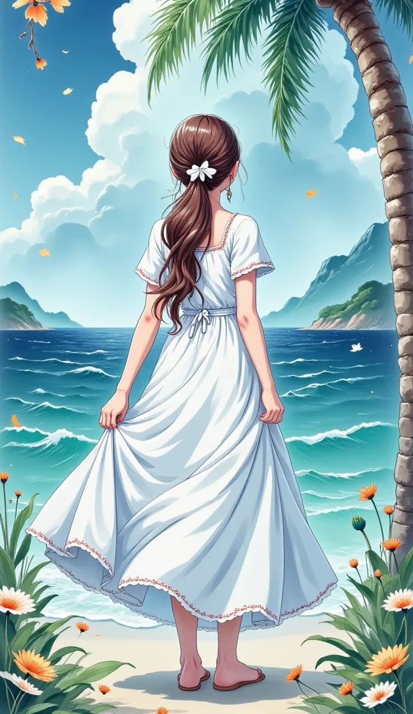 1girl, solo, brown hair, dress, holding, outdoors, sky, day, from behind, white dress, tree, ocean, back, beach, palm tree