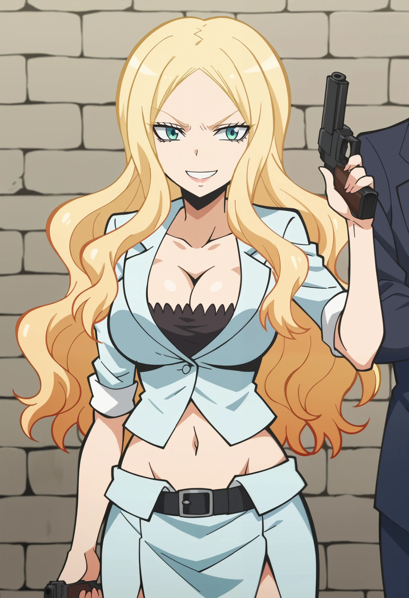 score_9, score_8_up, score_7_up, source_anime, irina jelavic, long hair, blonde hair, large breasts, anime screencap,, skirt, shirt, cleavage, miniskirt, formal, suit,, prison cell, bars, bed, stone walls, isolation, smile,  looking at viewer, solo,, evil expression, exposed belly, exposed navel, exposed midriff, exposed lower belly,holding a gun, holding pistol,