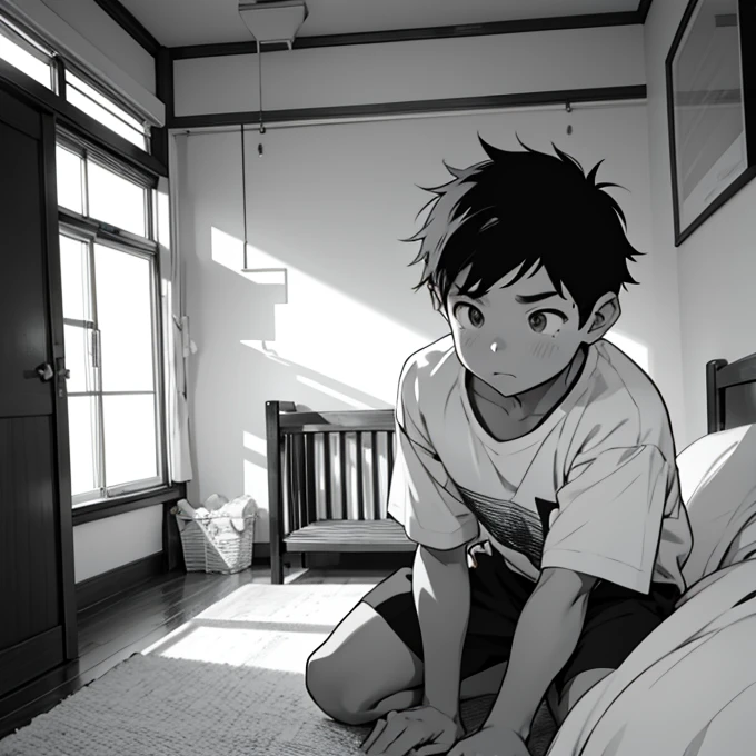  Black and White、  line art 、A boy who is surprised and comes out of his futon