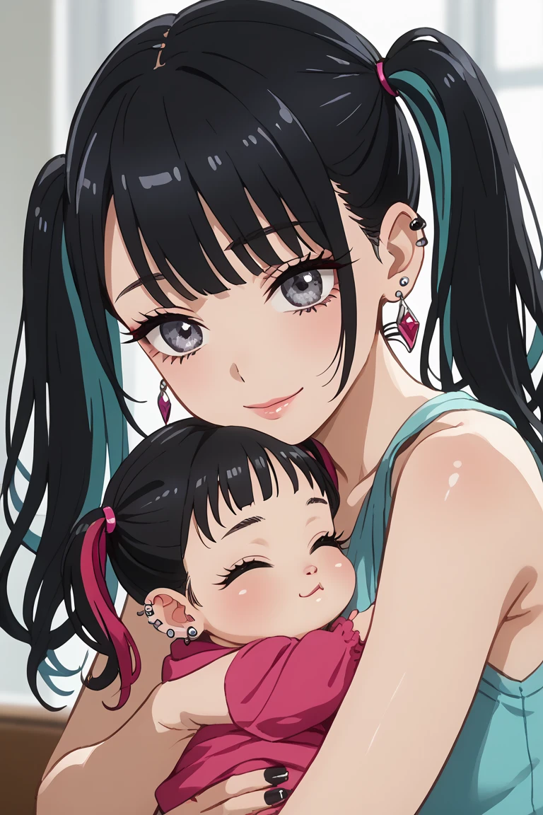 KJOnowa, grey eyes, black hair, multicolored hair, twintails, anime screencap, small breasts, nail polish, black nails,                    BREAK  earrings, piercing, ear piercing,        BREAK mother and , small,hugging up, (((interracial baby))),