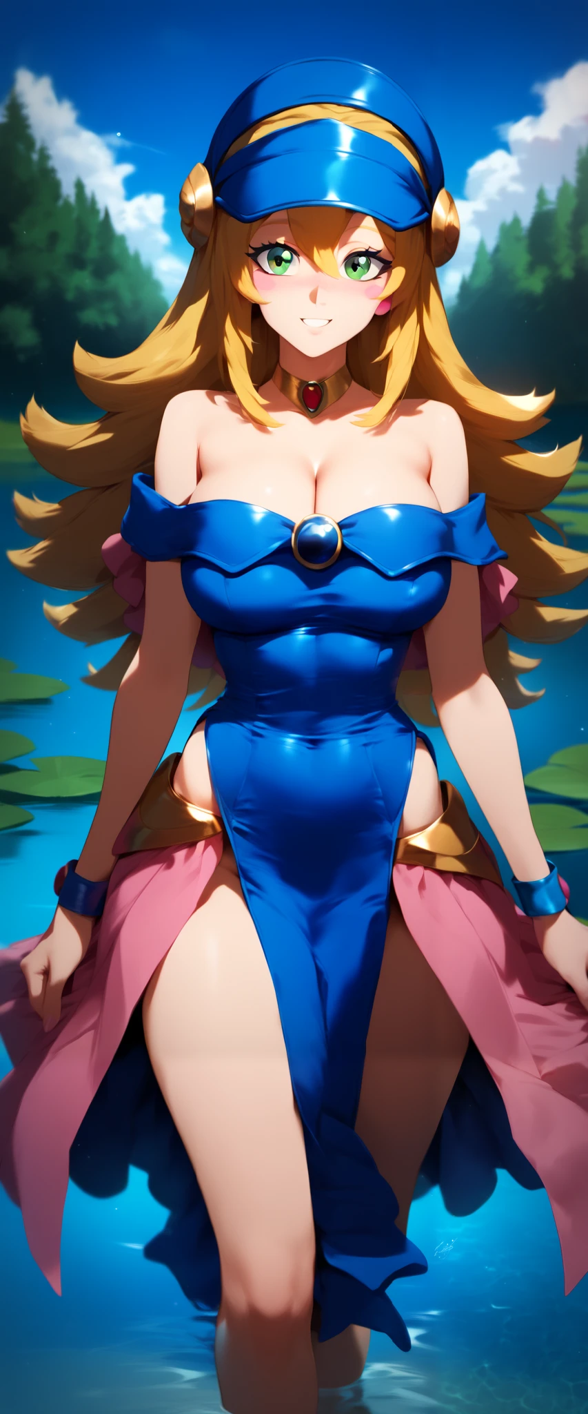 (masterpiece), (The best quality), (Very detailed), (high resolution), (8Khigh resolution), (The anime), (Beautiful detailed face and eyes), (textile shading), (COWBOY SHOT), (by the lake), admg, long hair, blonde, has, blue hat, green eyes, blushing stickers, breasts, choker, bare shoulders, cleavage, blue dress, bracelets, pelvic curtain, pink skirt, beautiful breasts, walking, smile,,