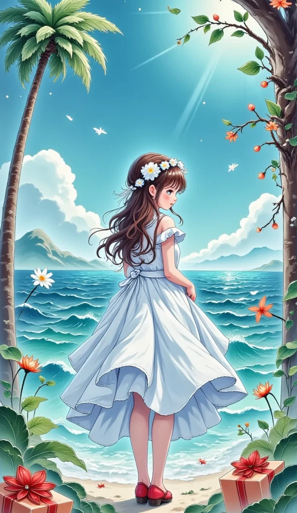 1girl, solo, brown hair, dress, holding, outdoors, sky, day, from behind, white dress, tree, ocean, back, beach, palm tree