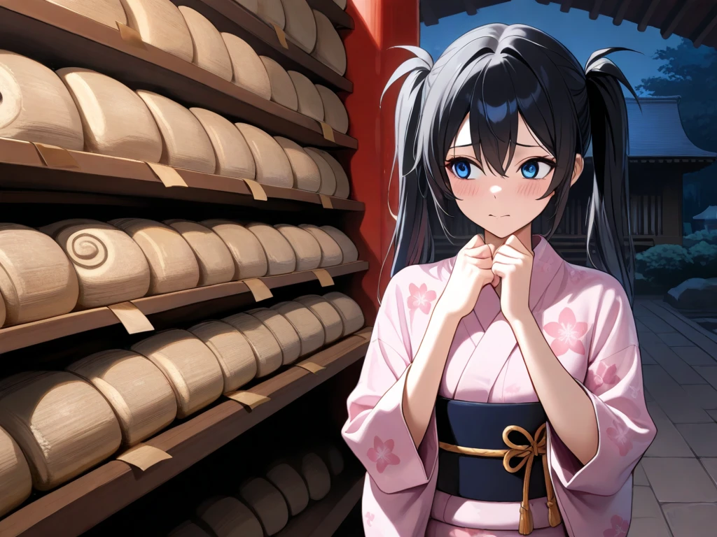  Maximum resolution ,  very detailed ,  best quality,precise,  masterpieces , Solo,1 woman, black hair,I have twintails., hair gradient orange, blue eyes, black-eyed widow , shy faces, pink yukata dress , Japanese shrine ,Candy candy,Dark Morning , labyrinth background is anatomically correct, anime images 