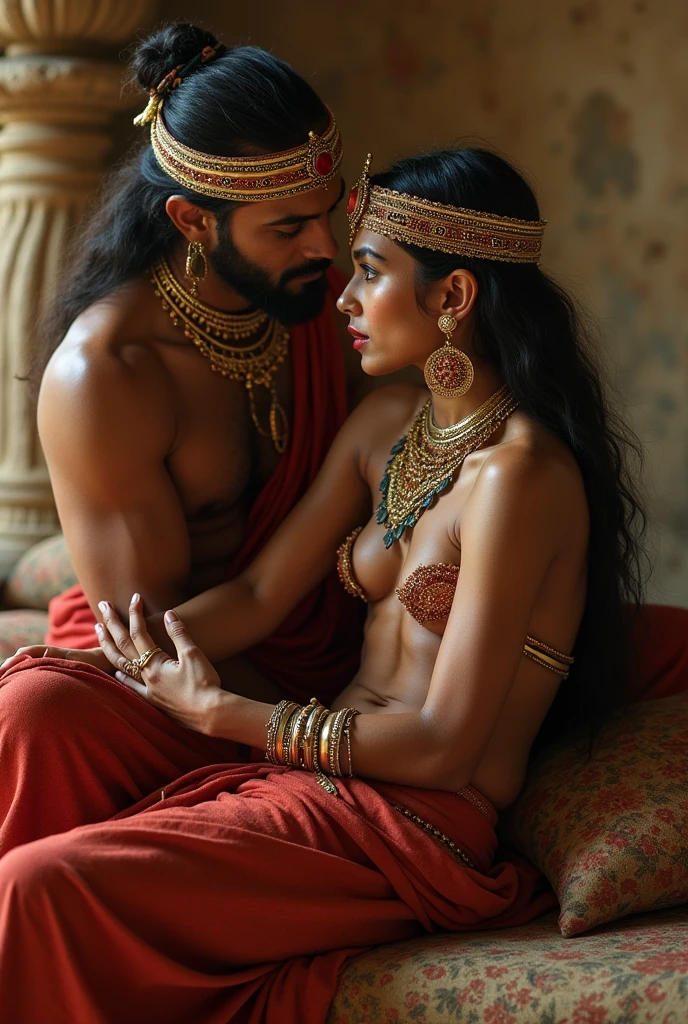 Goddess parvati sitting on muslim beard ugly cap wearing  man lap nude with traditional hindu goddess looks