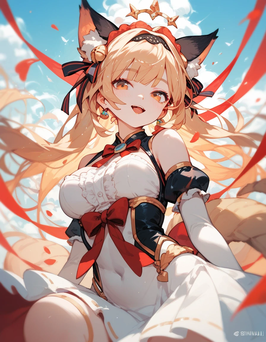a beauty girl，Mature face，a matural female，Fluffy tail hair，Ultra-loose underwear，clothes slipping off，Anterior convex and posterior，Straight chest，Ruddy complexion，Huge fox tail，nabel，(huge tit)，adventurer，tit，areola of breast，pantiess，Stockings，Human Services Group，((illustrated))