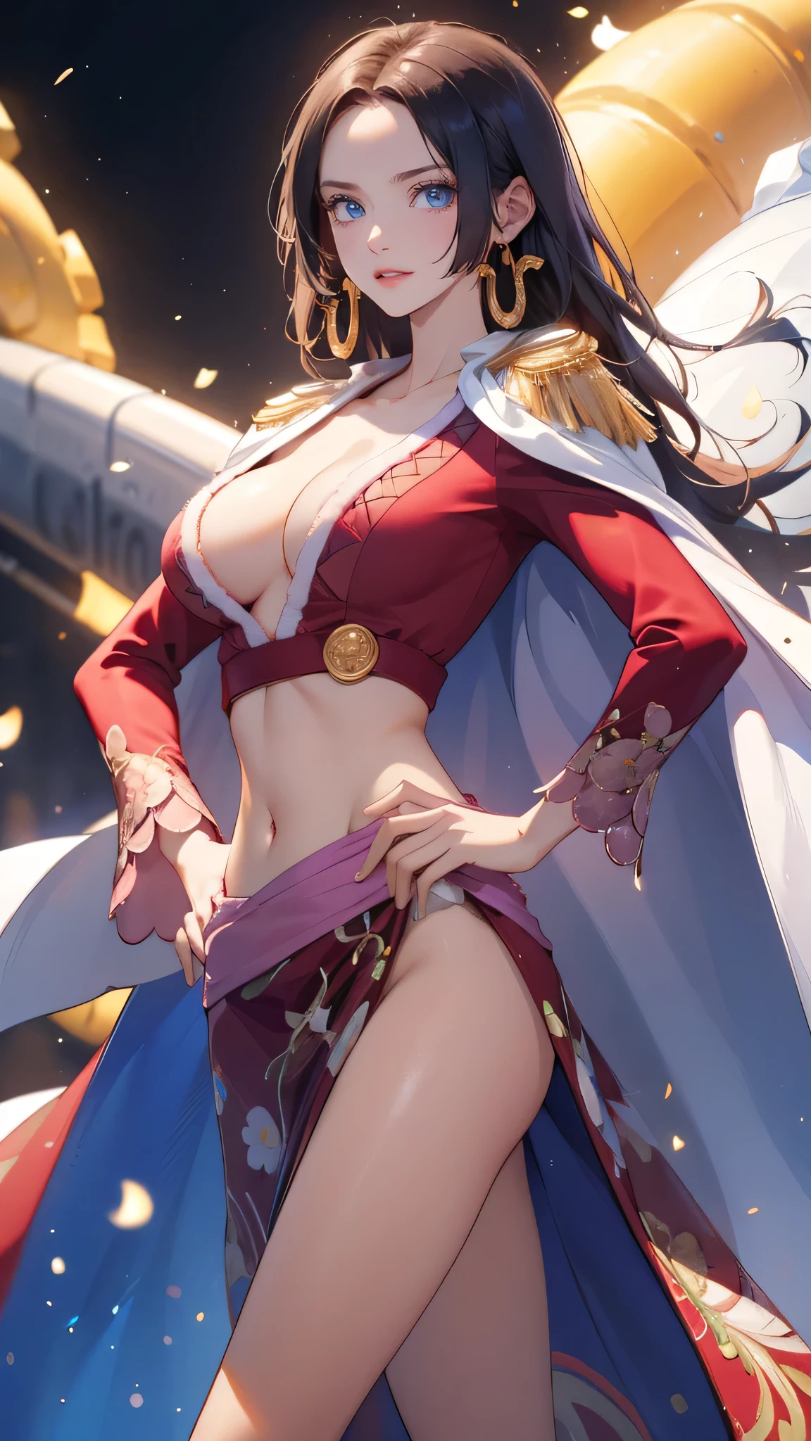masterpiece, best quality, highres, hancock1, boa hancock, large breasts, epaulettes, cape, crop top, side slit, , stading, outdoors,