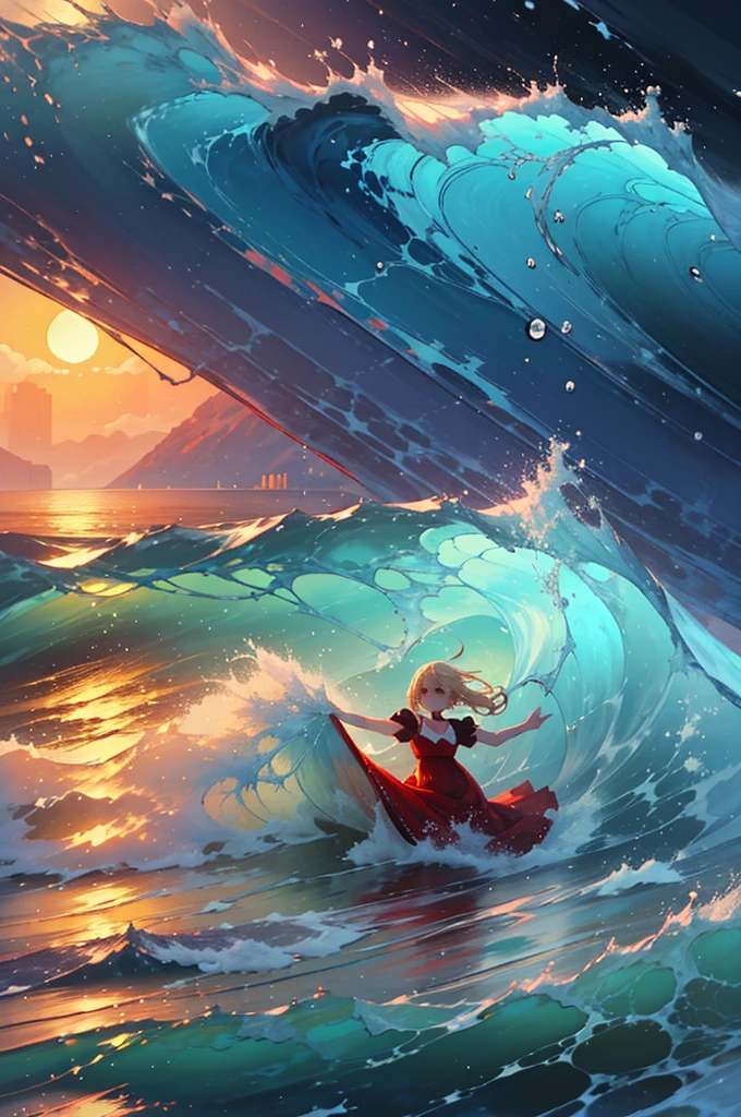 (8k,  super high quality , masterpiece:1.2),  super high res,  one woman,  cute,  small breasts,  blondes, Navy Blue Dress, Red floral pattern, Hawaiian Dress, Sandals, whole body, soaked,  like a ,  best smile , sea, sea水浴, Water Drop, Waves, whole bodyにWater Drop,  their chest is soaked in water , Lots of water,  playing in the water, Waves, A hand soaked in water