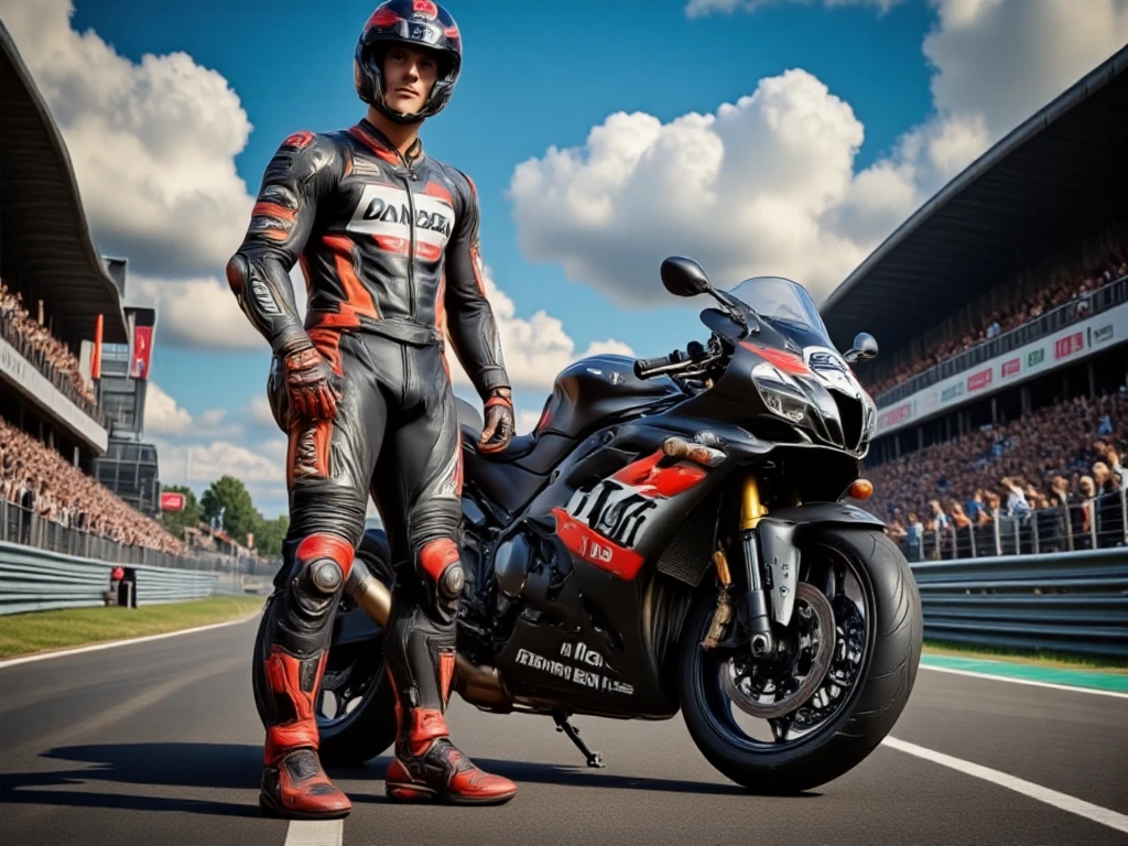 A male full-body image of a motorbiker clad in a sleek Dainese racing suit, designed for high-speed performance, featuring aerodynamic lines and vibrant colors. The suit includes racing gloves, a helmet, and sturdy racing boots, specifically designed for protection and grip. The biker stands confidently beside a high-performance motorcycle on a racetrack under bright, dynamic lighting, ready for action. The composition highlights the suit's intricate details, including sponsor logos, safety harnesses, and ergonomic padding. The background showcases a modern racing environment with vibrant flags and cheering spectators, emphasizing the adrenaline-pumping atmosphere of the race. The pose captures the biker's readiness and focus, with a bold, action-oriented framing