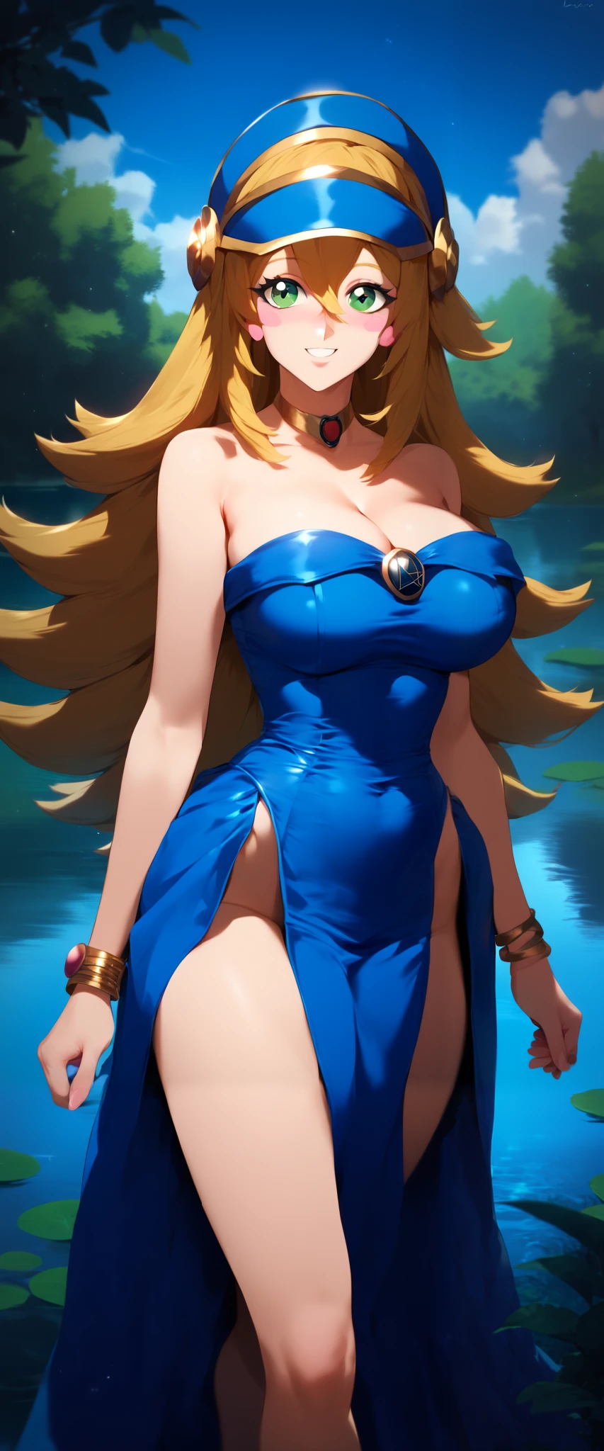 (masterpiece), (The best quality), (Very detailed), (high resolution), (8Khigh resolution), (The anime), (Beautiful detailed face and eyes), (textile shading), (COWBOY SHOT), (by the lake), admg, long hair, blonde, has, blue hat, green eyes, blushing stickers, breasts, choker, bare shoulders, cleavage, blue dress, bracelets, pelvic curtain, pink skirt, beautiful breasts, walking, smile,,