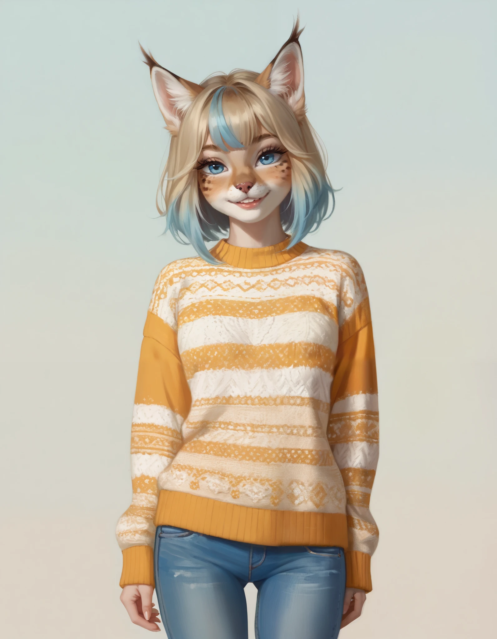 score_9,score_8_up,score_7_up,source_anime, 1girl, solo, digital_media_(artwork) hi_res,, beautiful, anthro, furry, female, furry female, detailed textured fur, fur tufts, lynx, slim, slender, small breasts, cute, sweater, denim jeans, multicolor hair, streaked hair, red blue blonde silver hair, blonde fur, beautiful blue eyes, smile, solo,