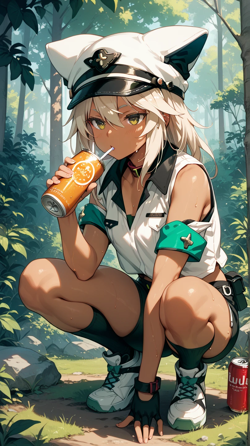 sexy Ramlethal ,  in a forest , sweating, standing, crouching,  drinking from a can,  