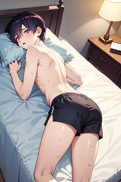 １４age　 one boy　naked　 lies down　 shorts　 uneasy expression　Sweaty　 bed　Put your hands together
