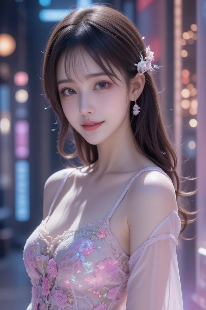 table top, highest quality, 8K, 、6 years old, (medium chest)、((Big eyes))、tear bag、soft rays of light、RAW photo, ((笑faceの目で、smile)), Happy, ((open your mouth)),(( face:2.0))、((Upper body))、short height,((若いface)),alone, daytime, ((Idol face:.1.7)), ((delicate girl)),(See-through mini dress)、futuristic bright bedroom, (wearing a futuristic see-through dress,),Digital single-lens reflex camera, ((looking at the viewer)), Frank, Sophisticated,soft rays of light、professional lighting, chromatic aberration, (Eyes and faces with detailed:1.5), (Bokeh:1.1),( faceのアップ), (Angle from the front), selfie, surrounded by many antique flowers of all kinds