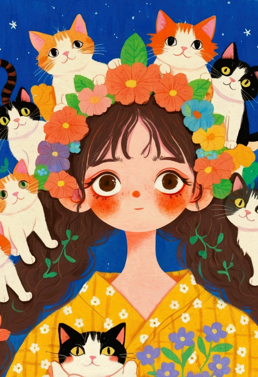 There is a painting， This painting is a girl ， with a bunch of cats on their heads  ,   colored pencil drawing by Yanagawa Nobumasa, pixiv, what is it？, Japanese illustrator, The girl with cat ears ,  Studio Ghibli Art , studio  Ghibli Art Style ,  Ghibli Art Style ,  Ghibli Art Style , Portrait 1 2  . 0,  portrait c 12 .0