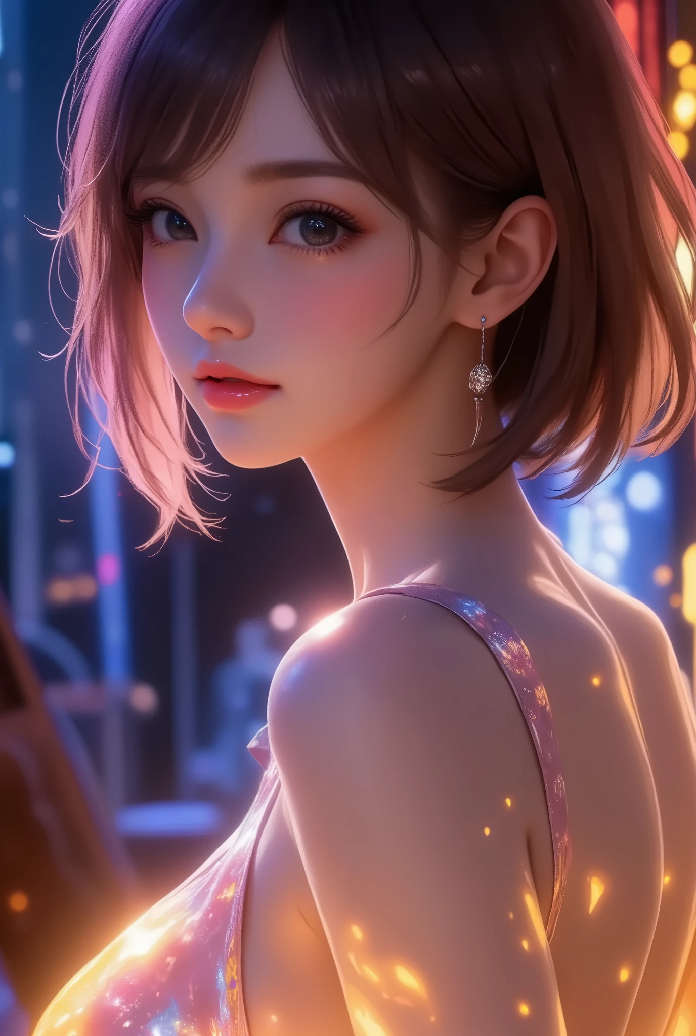 masterpiece, high res, illustration, animation style, movie style: your name, night , mid night , Gentle Light, Fascinating Light, dance hall, party, (back side shot, from her back, full body shot, full body within a flame:1.7), (1 female: 1.3), (Alone: 1.4), has long eyelashes, short bob, nose_, open_mouth, futon, , Backless Dress, , Kirarhythm, dynamic perspective, perspective, Bokeh, Depth_of_Field, from_ Down, (natural breasts:1.2), (Uplifted and well-defined bust:1.2),