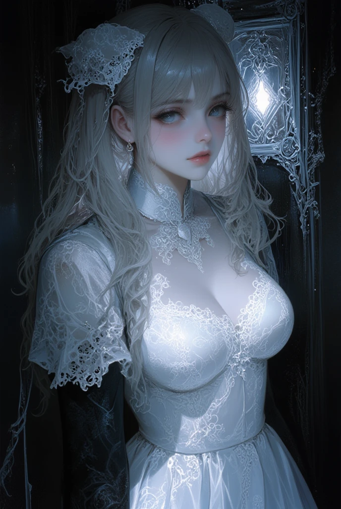 Masterpiece, portrait A spectral ghost woman, extremely close up,(Best quality, highly detailed, beautiful and aesthetic:1.2),(delicate and beautiful),(ultra highly detailed CG illustration),(girl:1.1),(red eyes), (smirk, furrowed eyebrows),wearing white of pale gown, ghostly attire,long black hair,flow, beautiful ghost,pale gown,white skin, young skin,pale skin,make up gothic,(covered), (nightmare setting, outdoor,moon lighting),(white smoke:1.3),(see-through),(large breast:1.2), transparent ghost,