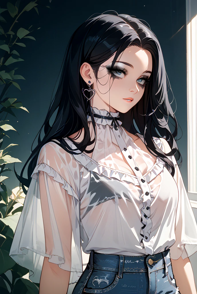 Girl, gothic, denim shorts, long black hair with a curved lock of hair down her forehead, black semi-transparent blouse, black ribbon around her neck, light black makeup,