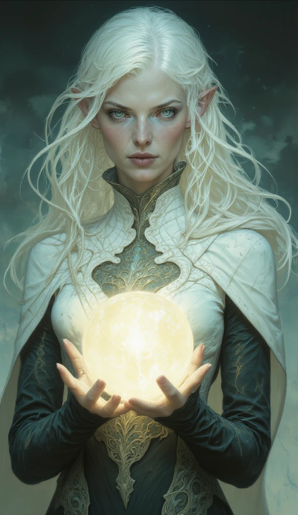 upper body portrait of a female with long white hair, she is holding a glowing orb, ethereal, whimsical