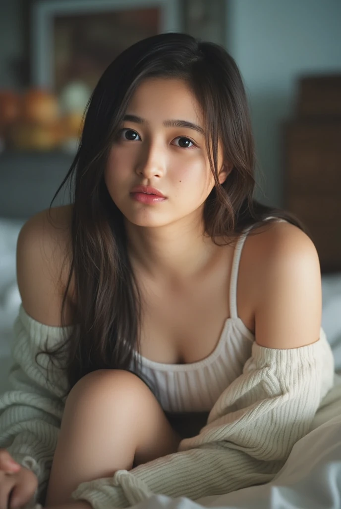 A girl with a bright face and perfect vaist sitting on a white bed with showing knees and bringing out her perfect boops naked and with dark brown hairs and a small golden earring with glow in his eyes.