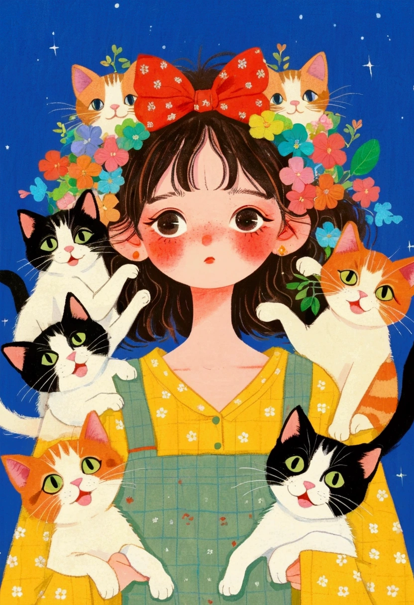 There is a painting， This painting is a girl ， with a bunch of cats on their heads  ,   colored pencil drawing by Yanagawa Nobumasa, pixiv, what is it？, Japanese illustrator, The girl with cat ears ,  Studio Ghibli Art , studio  Ghibli Art Style ,  Ghibli Art Style ,  Ghibli Art Style , Portrait 1 2  . 0,  portrait c 12 .0