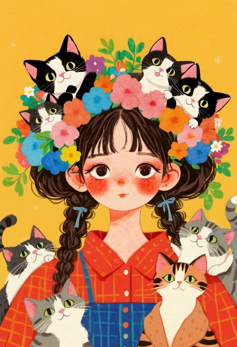 There is a painting， This painting is a girl ， with a bunch of cats on their heads  ,   colored pencil drawing by Yanagawa Nobumasa, pixiv, what is it？, Japanese illustrator, The girl with cat ears ,  Studio Ghibli Art , studio  Ghibli Art Style ,  Ghibli Art Style ,  Ghibli Art Style , Portrait 1 2  . 0,  portrait c 12 .0