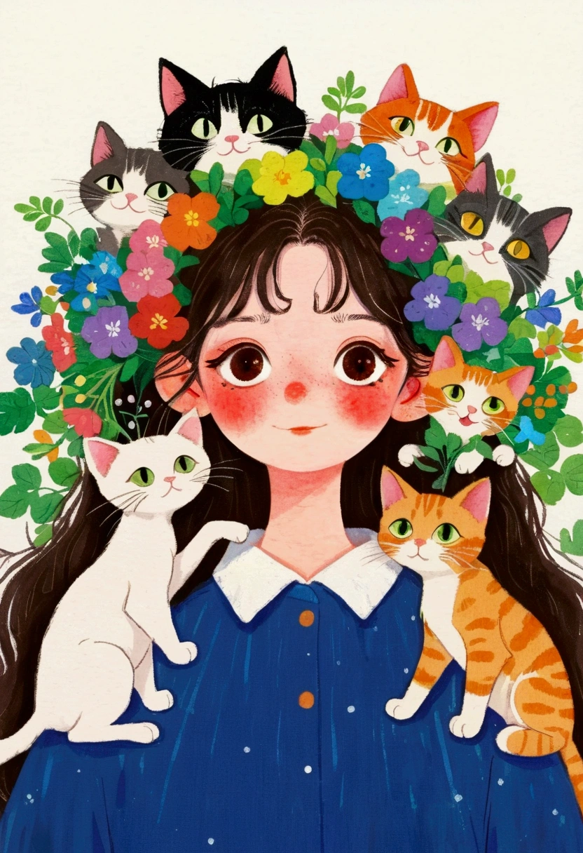 There is a painting， This painting is a girl ， with a bunch of cats on their heads  ,   colored pencil drawing by Yanagawa Nobumasa, pixiv, what is it？, Japanese illustrator, The girl with cat ears ,  Studio Ghibli Art , studio  Ghibli Art Style ,  Ghibli Art Style ,  Ghibli Art Style , Portrait 1 2  . 0,  portrait c 12 .0