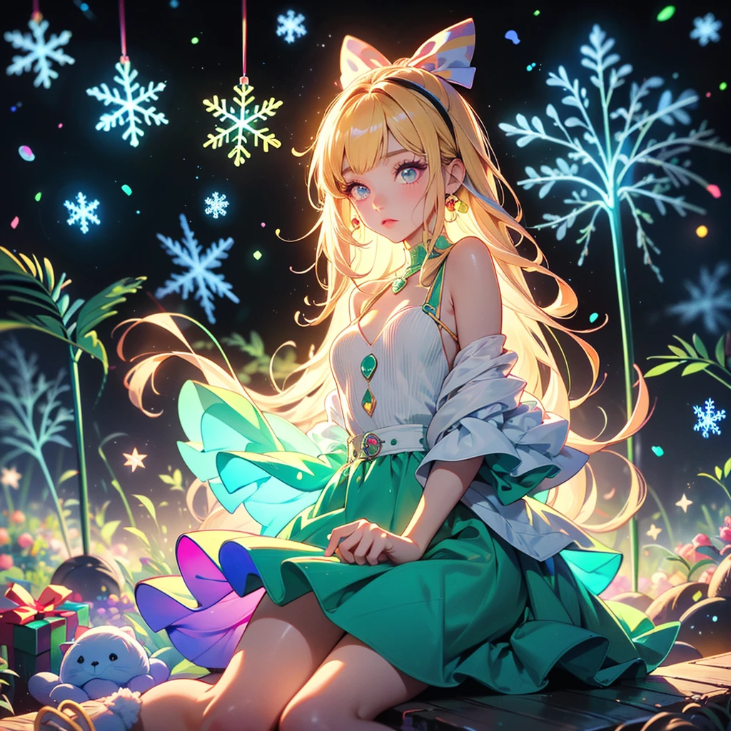  1 girl,Chibi、 fantasy、 cute世界、Trump、 Alice in Wonderland、clock、  best details、 cute、  neon color gradient hair color、   Snowflake  、 fantasy、  absurd、 neon lights enhance the  cuteness、世界一 cute絵、  Christmas light 、  fantasy、 Alice in Wonderland、