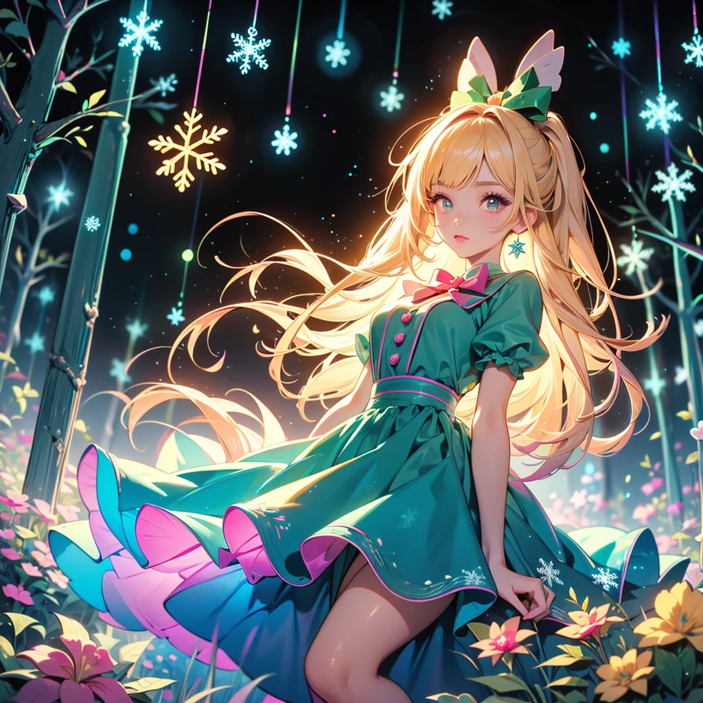  1 girl,Chibi、 fantasy、 cute世界、Trump、 Alice in Wonderland、clock、  best details、 cute、  neon color gradient hair color、   Snowflake  、 fantasy、  absurd、 neon lights enhance the  cuteness、世界一 cute絵、  Christmas light 、  fantasy、 Alice in Wonderland、